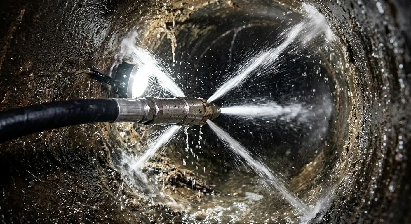 High-pressure hydro jetting nozzle cleaning sewer pipe for Emergency Drain Service in Pine Castle